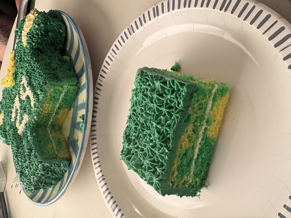 A slice of three-layer buttercream cake on a plate